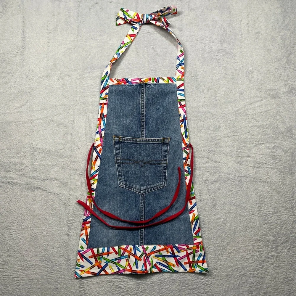 Handmade Denim Apron Kids One Size Blue Crayon Print Art Craft Bib Pocket